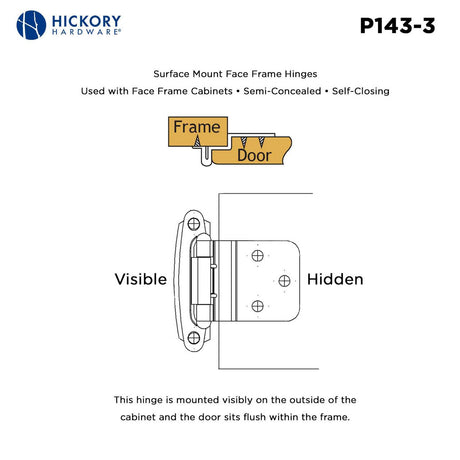Polished Brass Self Closing Face Mount 3/8" Inset Cabinet Hinge from Hickory Hardware Part Number P143-3