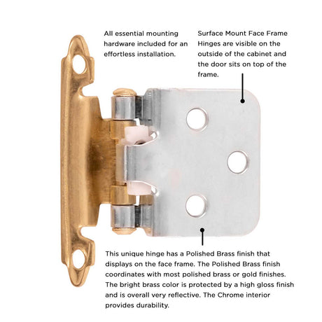Brass and Chrome Self Closing Face Mount Variable Overlay Cabinet Hinge from Hickory Hardware Part Number P144-PBCH