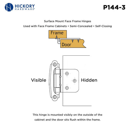 Polished Brass Self Closing Face Mount Variable Overlay Cabinet Hinge from Hickory Hardware Part Number P144-3