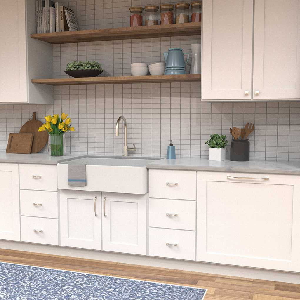 Kitchen Display of Satin Nickel Cabinet Hardware from Hickory Hardware's Twist Collection