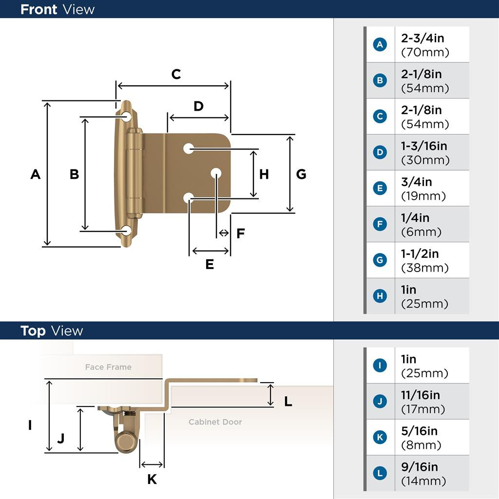 AMEROCK Self Closing Face Mount 3/8" Inset Cabinet Hinge (pair) in Champagne Bronze BPR3428CZ Specs