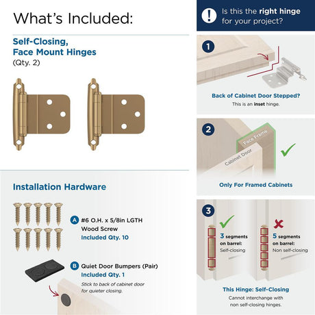 AMEROCK Self Closing Face Mount 3/8" Inset Cabinet Hinge (pair) in Champagne Bronze BPR3428CZ What's Included