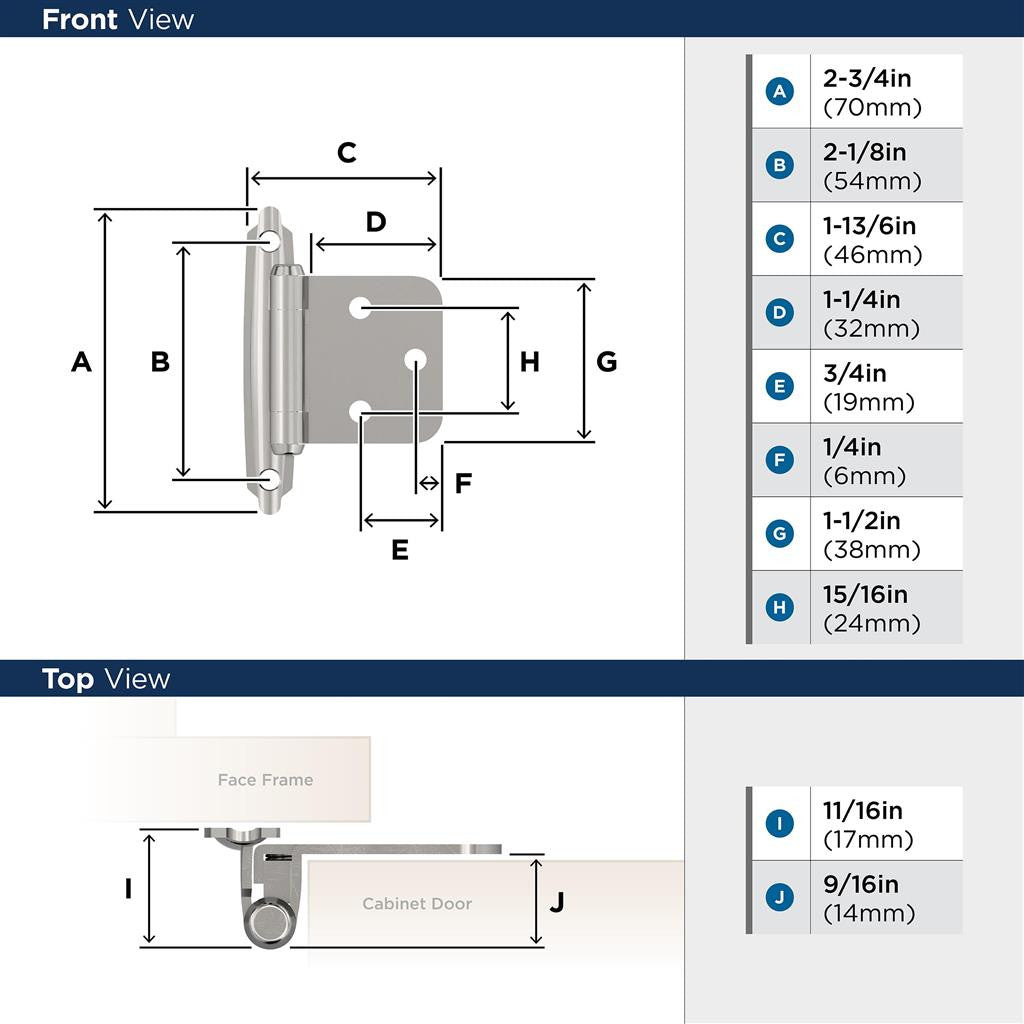 AMEROCK Self Closing Face Mount Variable Overlay Cabinet Hinge (pair) in Polished Chrome BPR342926 Specs