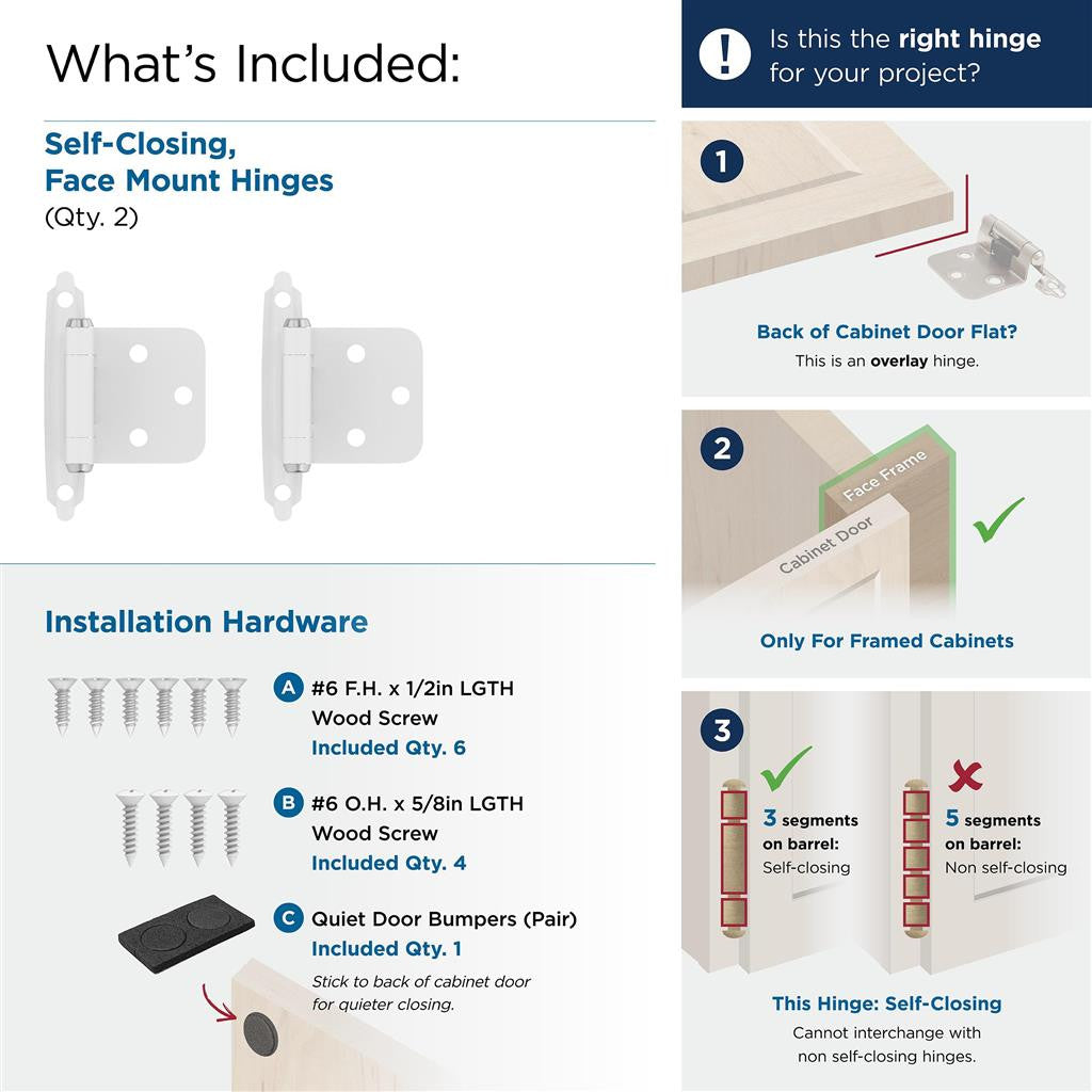 AMEROCK Self Closing Face Mount Variable Overlay Cabinet Hinge (pair) in White with Chrome Ends BPR3429W What's Included