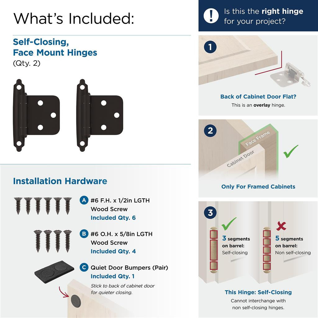 AMEROCK Self Closing Face Mount Variable Overlay Cabinet Hinge (pair) in Oil Rubbed Bronze BPR3429ORB What's Included