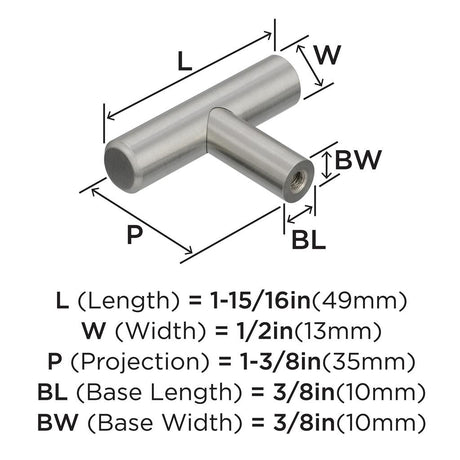 AMEROCK Bar Pulls 1-15/16" Length Cabinet T-Knob in Stainless Steel BP19009SS