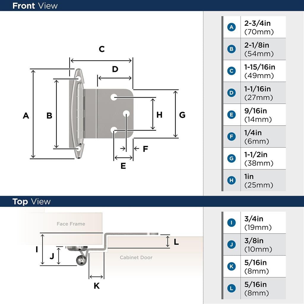 AMEROCK No Spring Face Mount 3/8" Inset Cabinet Hinge (pair) in Polished Chrome BPR341726 Specs