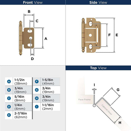AMEROCK 3/4" Door Thick Full Inset Partial Wrap Cabinet Hinge in Champagne Bronze PK3180TBCZ Specs
