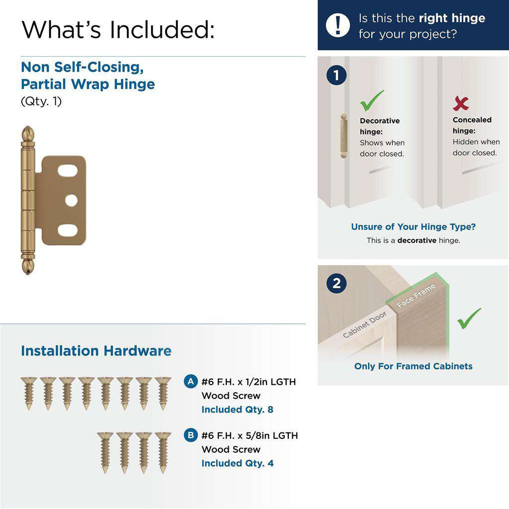 AMEROCK 3/4" Door Thick Full Inset Partial Wrap Cabinet Hinge in Champagne Bronze PK3180TBCZ What's Included
