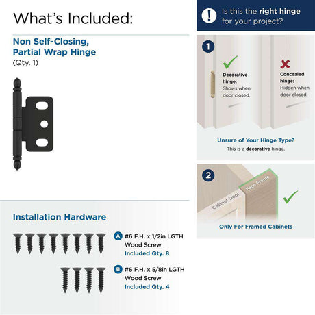 AMEROCK 3/4" Door Thick Full Inset Partial Wrap Cabinet Hinge in Flat Black PK3180TBFB What's Included