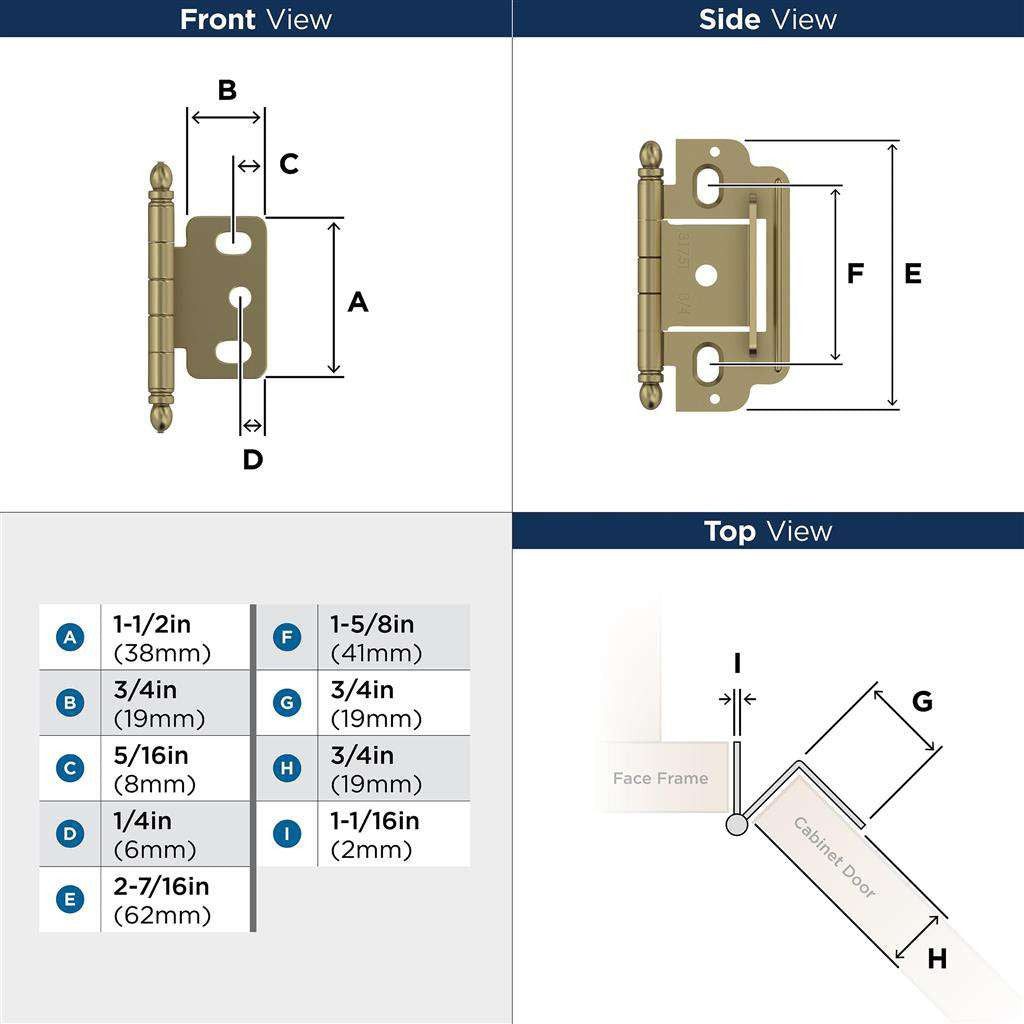 AMEROCK 3/4" Door Thick Full Inset Partial Wrap Cabinet Hinge in Golden Champagne PK3180TBBBZ Specs