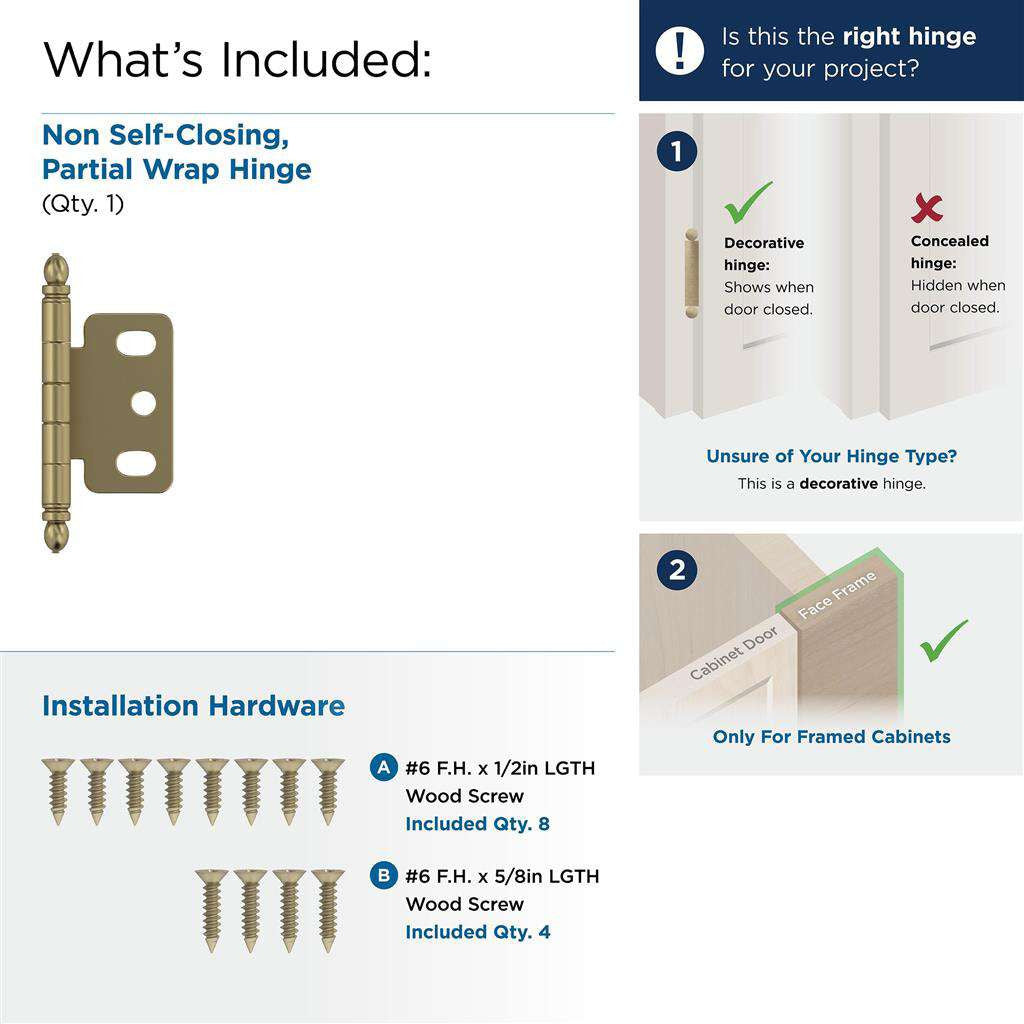 AMEROCK 3/4" Door Thick Full Inset Partial Wrap Cabinet Hinge in Golden Champagne PK3180TBBBZ What's Included