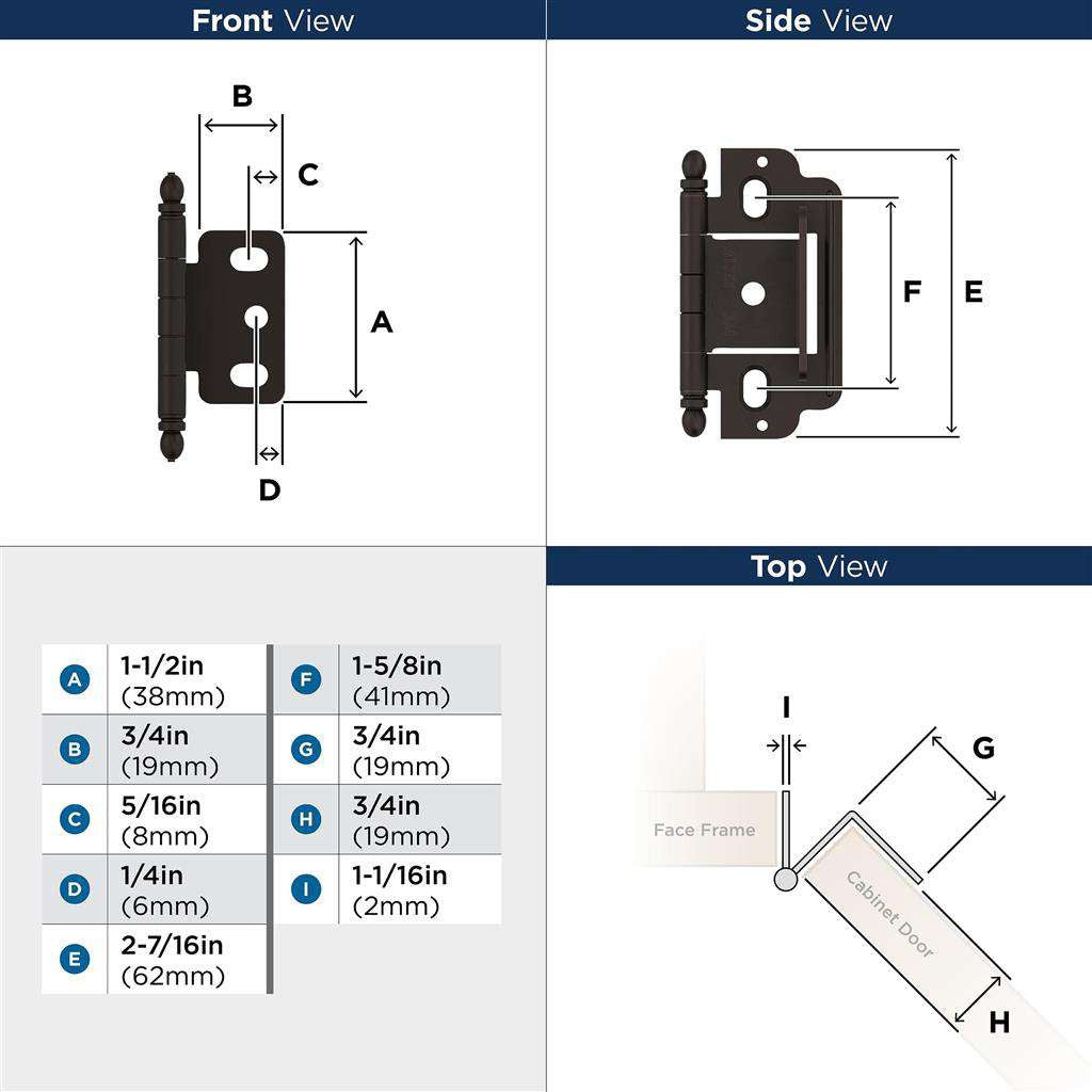 AMEROCK 3/4" Door Thick Full Inset Partial Wrap Cabinet Hinge in Oil Rubbed Bronze PK3180TBORB Specs