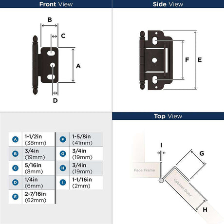 AMEROCK 3/4" Door Thick Full Inset Partial Wrap Cabinet Hinge in Oil Rubbed Bronze PK3180TBORB Specs