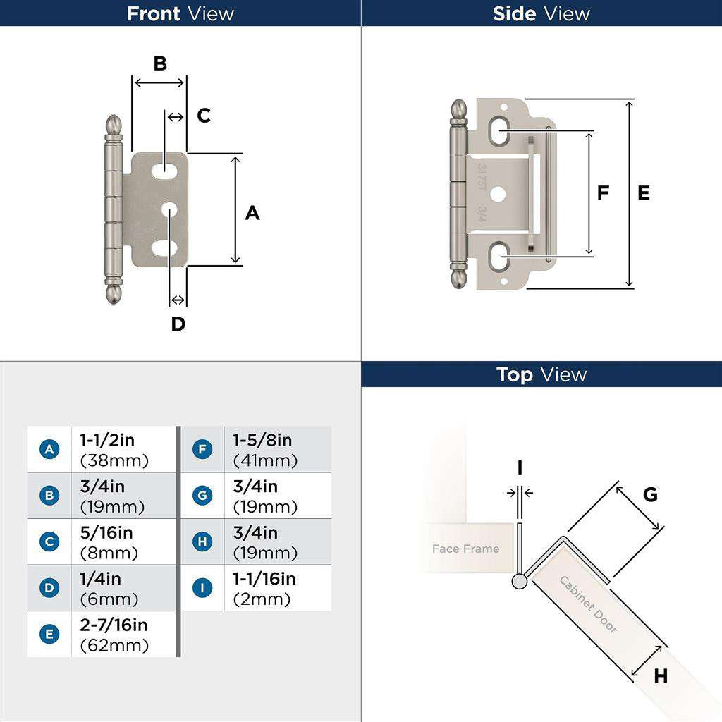 AMEROCK 3/4" Door Thick Full Inset Partial Wrap Cabinet Hinge in Satin Nickel PK3180TBG10 Specs
