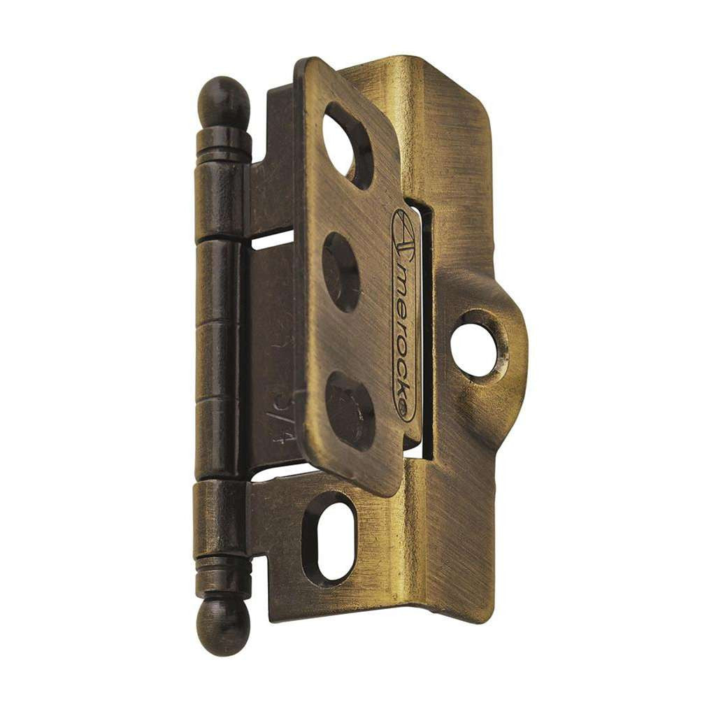 AMEROCK 3/4" Door Thick Full Inset Full Wrap Cabinet Hinge with Ball Ends in Antique Brass PK3175TBAE Closed Angle
