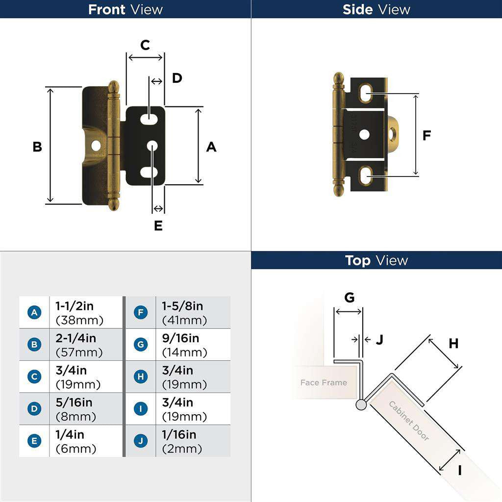 AMEROCK 3/4" Door Thick Full Inset Full Wrap Cabinet Hinge with Ball Ends in Antique Brass PK3175TBAE Specs