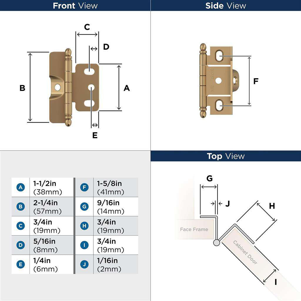AMEROCK 3/4" Door Thick Full Inset Full Wrap Cabinet Hinge with Ball Ends in Champagne Bronze PK3175CZ Specs