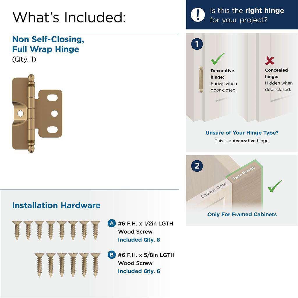 AMEROCK 3/4" Door Thick Full Inset Full Wrap Cabinet Hinge with Ball Ends in Champagne Bronze PK3175CZ What's Included