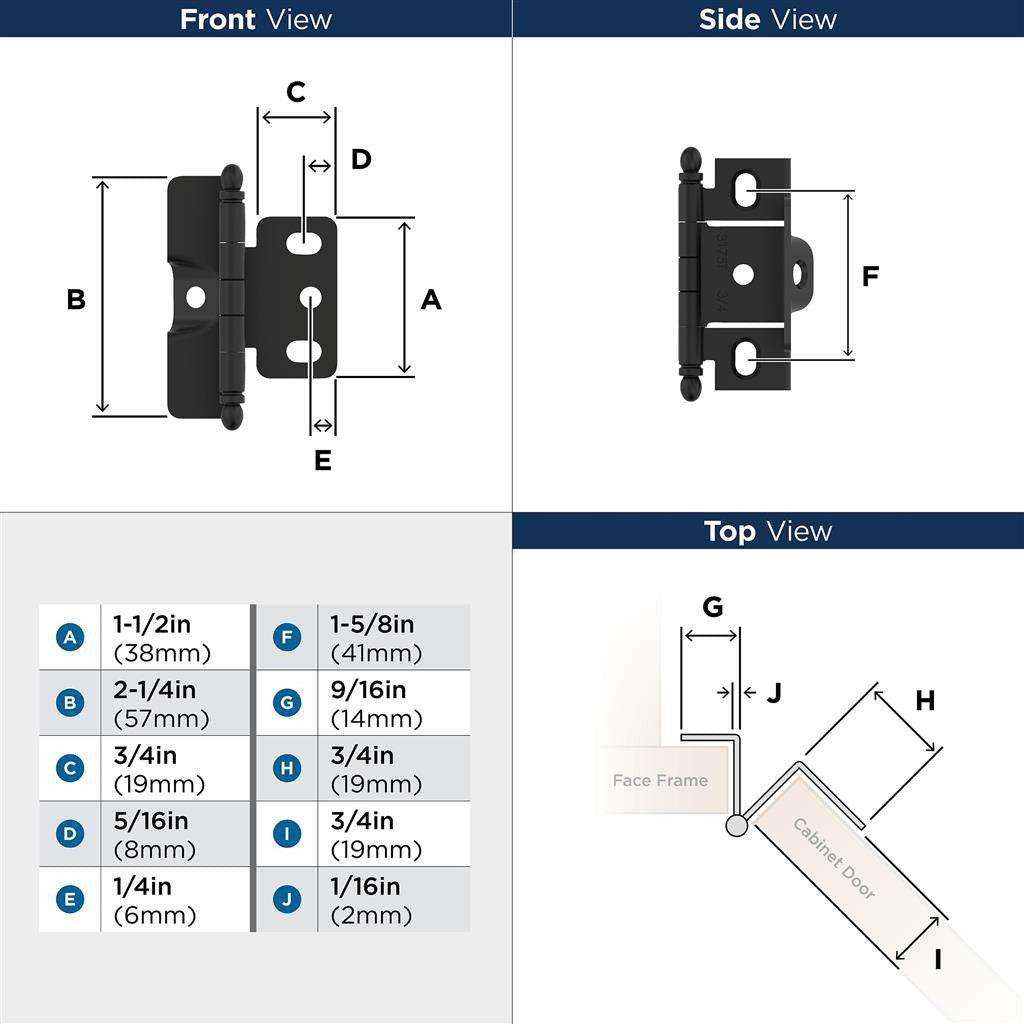 AMEROCK 3/4" Door Thick Full Inset Full Wrap Cabinet Hinge with Ball Ends in Flat Black PK3175TBFB Specs