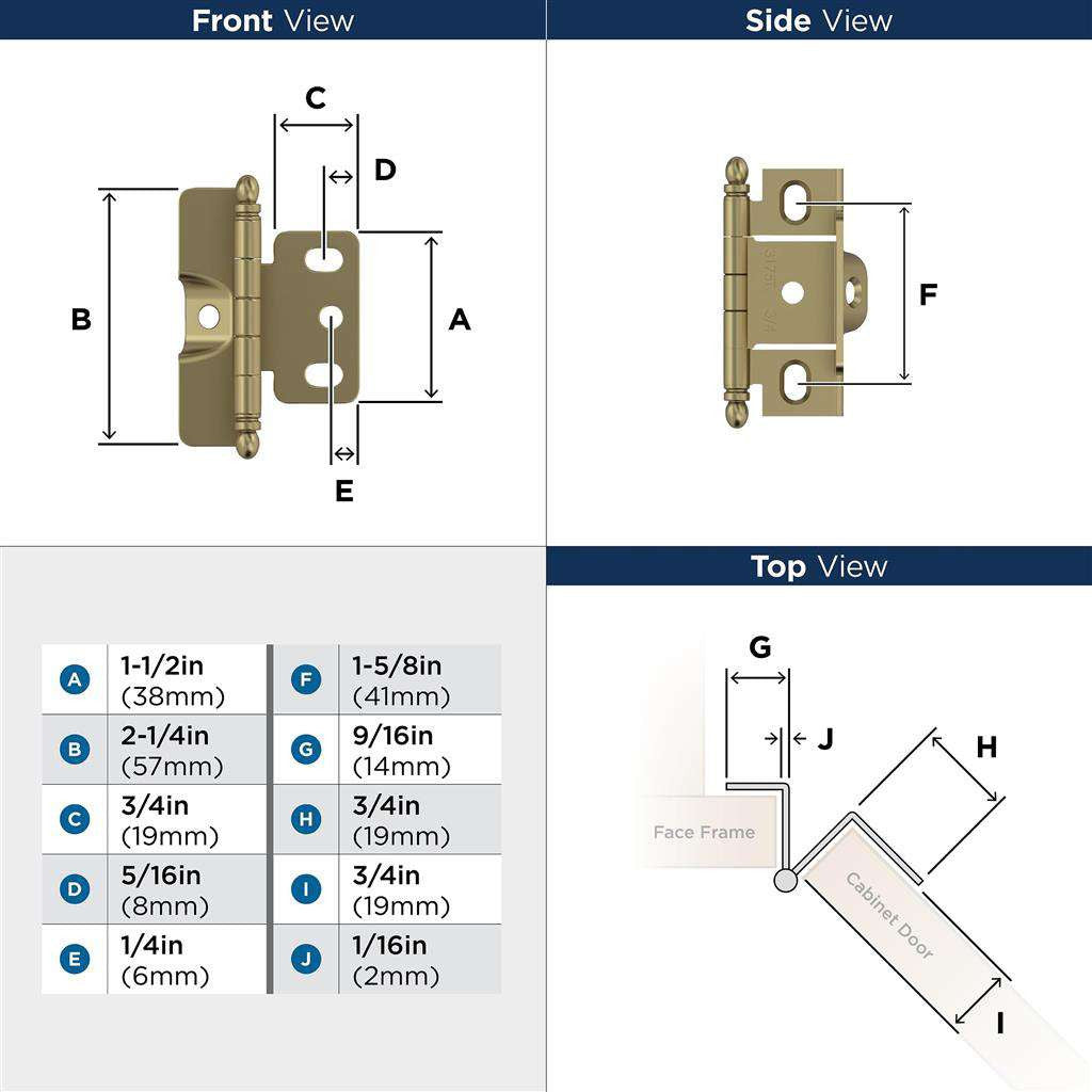 AMEROCK 3/4" Door Thick Full Inset Full Wrap Cabinet Hinge with Ball Ends in Golden Champagne PK3175TBBBZ Specs