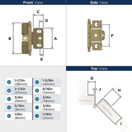 AMEROCK 3/4" Door Thick Full Inset Full Wrap Cabinet Hinge with Ball Ends in Golden Champagne PK3175TBBBZ Specs