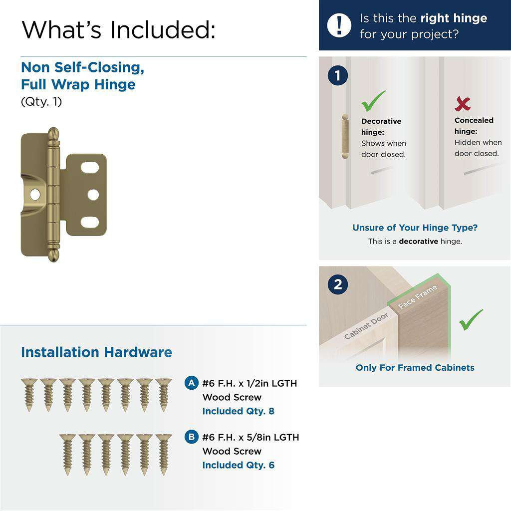 AMEROCK 3/4" Door Thick Full Inset Full Wrap Cabinet Hinge with Ball Ends in Golden Champagne PK3175TBBBZ What's Included