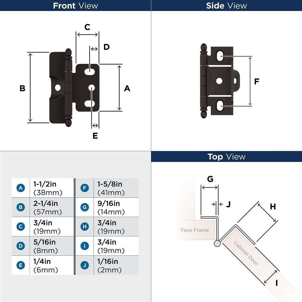 AMEROCK 3/4" Door Thick Full Inset Full Wrap Cabinet Hinge with Ball Ends in Oil Rubbed Bronze PK3175TBORB Specs