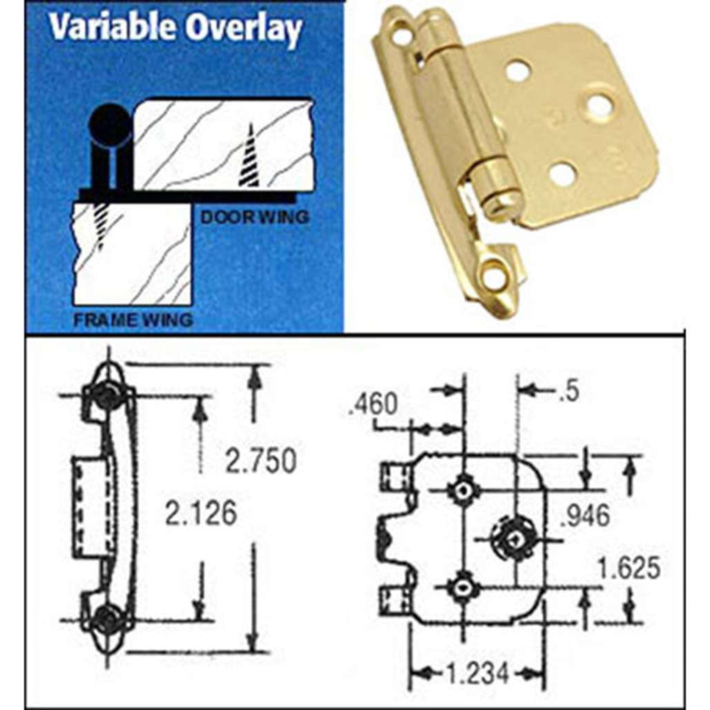 Schematics of a Polished Brass Variable Flush Overlay Face Mount Cabinet Hinge from Amerock 7139-3