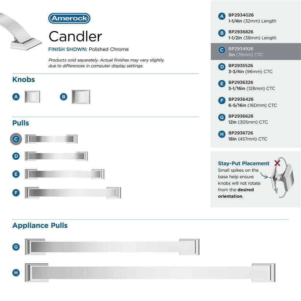 Amerock Candler Handle Cabinet Pull in Polished Chrome 3" BP2934926 Collection
