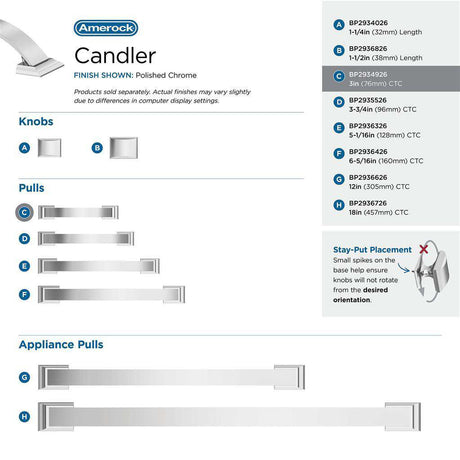 Amerock Candler Handle Cabinet Pull in Polished Chrome 3" BP2934926 Collection