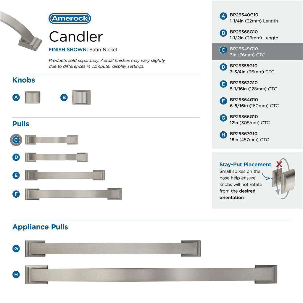Amerock Candler Handle Cabinet Pull in Satin Nickel 3" BP29349G10 Collection