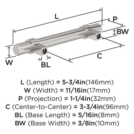 Amerock Central Wrapped Bar Handle Pulls in Chrome 96mm BP3716126 Specs