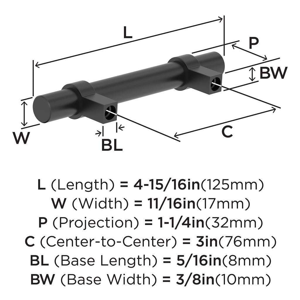 Amerock Central Wrapped Bar Handle Pulls in Matte Black 3" BP37160MB Specs