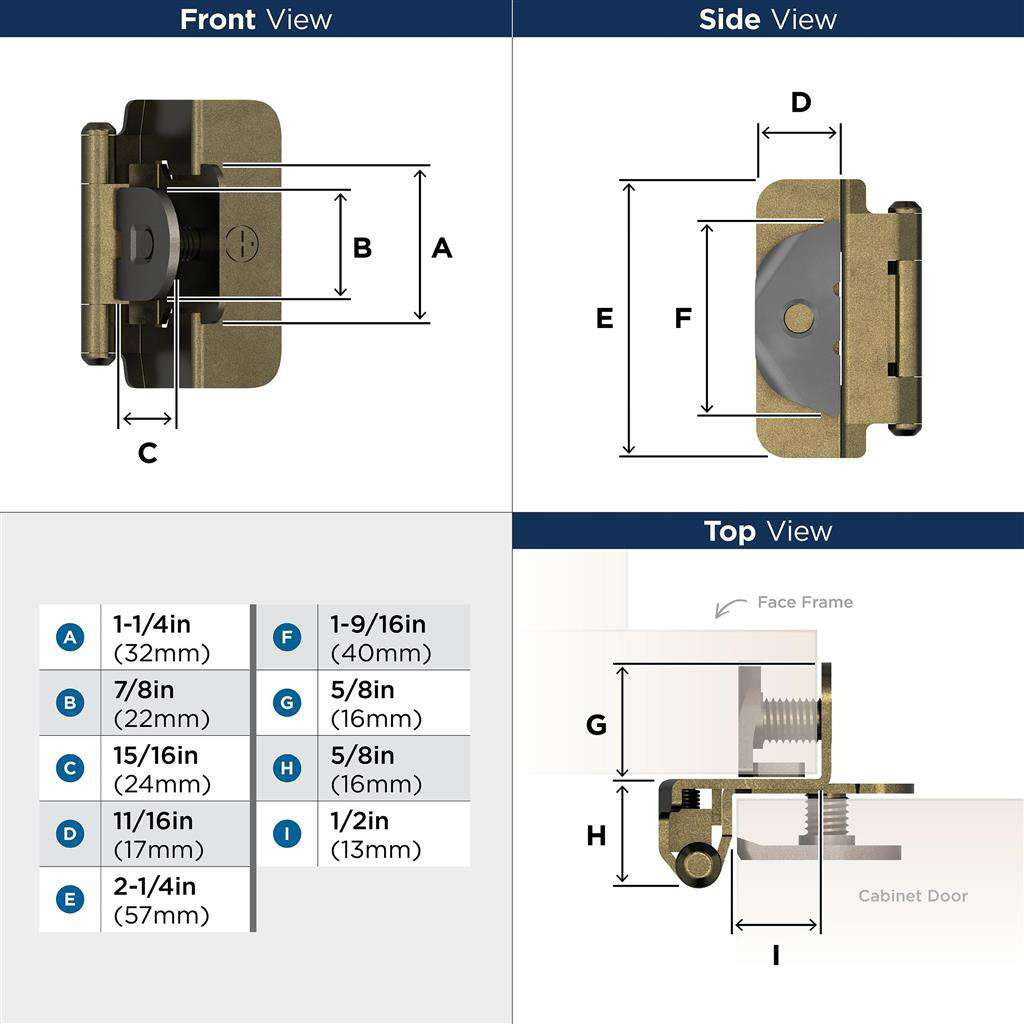 AMEROCK Double Demountable 1/2" Overlay Cabinet Hinge (pair) in Burnished Brass BPR8704BB Specs