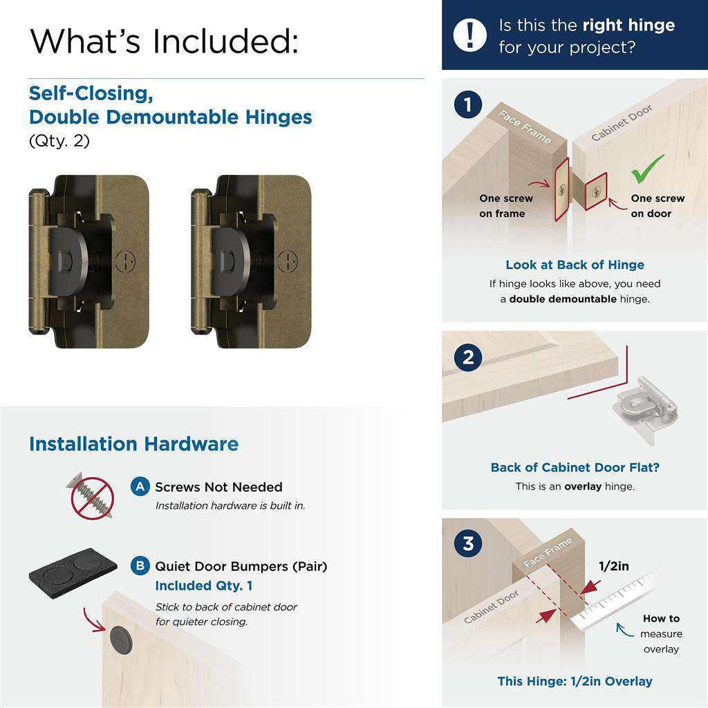 AMEROCK Double Demountable 1/2" Overlay Cabinet Hinge (pair) in Burnished Brass BPR8704BB What's Included