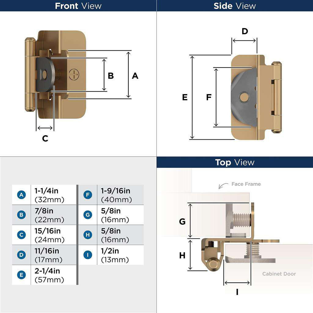 AMEROCK Double Demountable 1/2" Overlay Cabinet Hinge (pair) in Champagne Bronze BPR8704CZ Specs