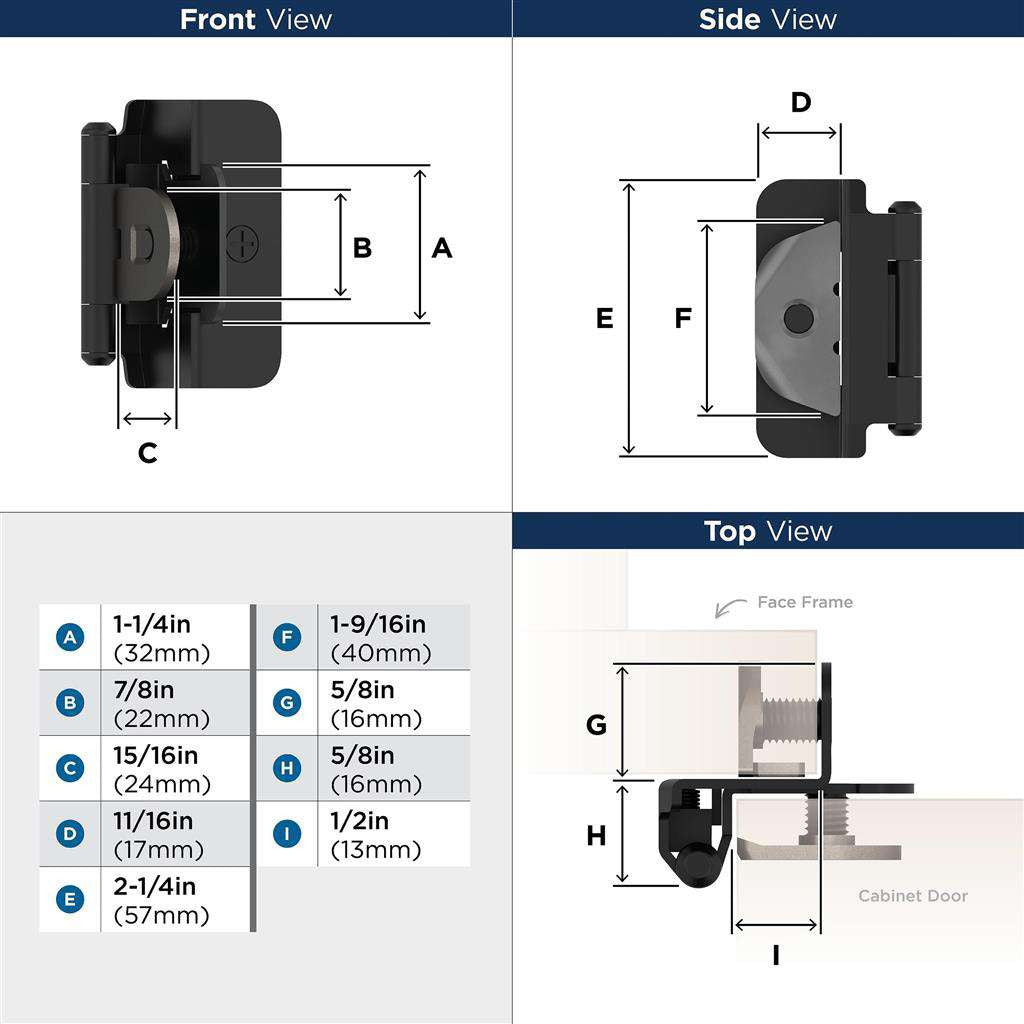AMEROCK Double Demountable 1/2" Overlay Cabinet Hinge (pair) in Flat Black BPR8704FB Specs