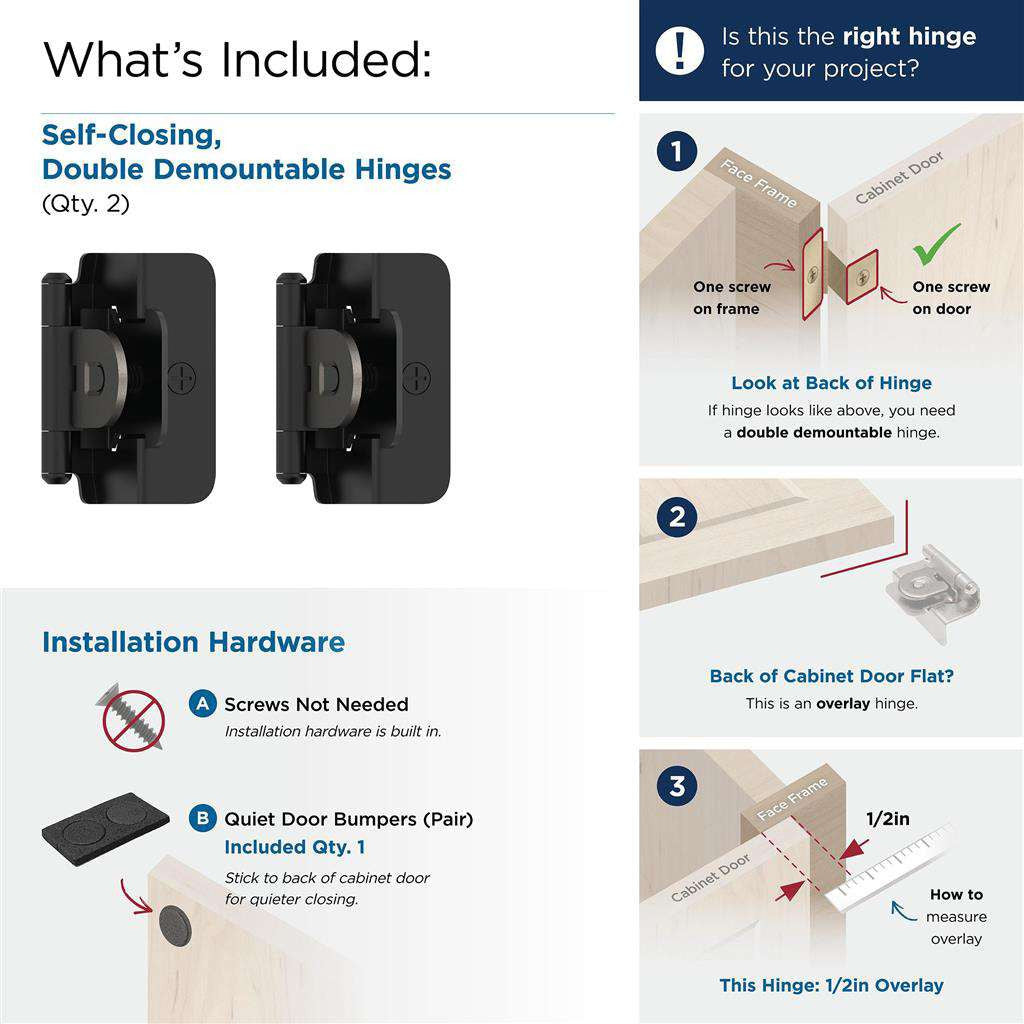 AMEROCK Double Demountable 1/2" Overlay Cabinet Hinge (pair) in Flat Black BPR8704FB What's Included