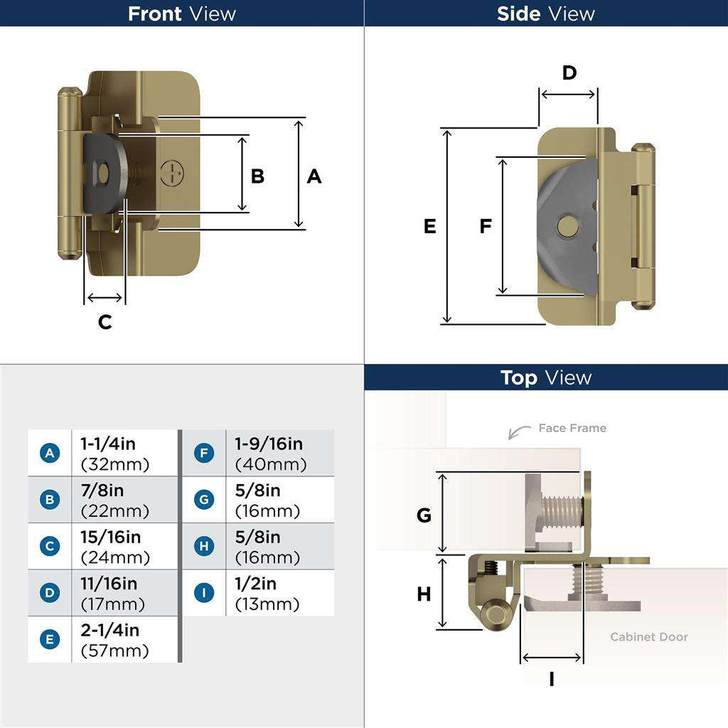 AMEROCK Double Demountable 1/2" Overlay Cabinet Hinge (pair) in Golden Champagne BPR8704BBZ Specs