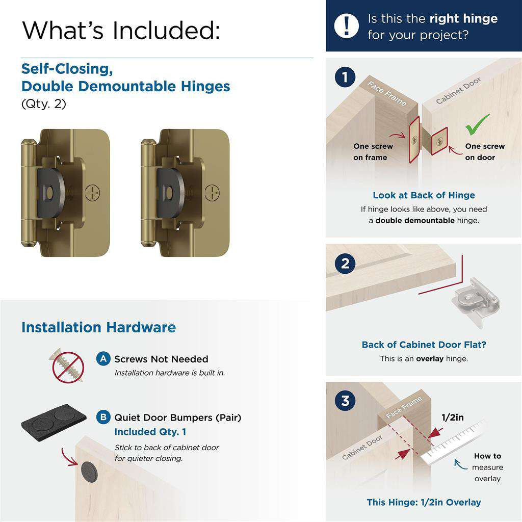 AMEROCK Double Demountable 1/2" Overlay Cabinet Hinge (pair) in Golden Champagne BPR8704BBZ What's Included