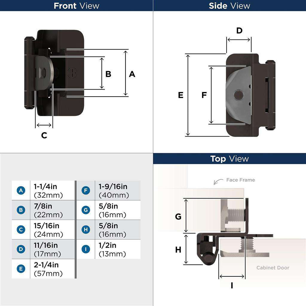 AMEROCK Double Demountable 1/2" Overlay Cabinet Hinge (pair) in Oil Rubbed Bronze BPR8704ORB Specs