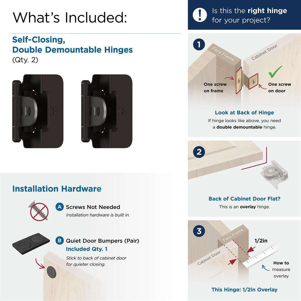 AMEROCK Double Demountable 1/2" Overlay Cabinet Hinge (pair) in Oil Rubbed Bronze BPR8704ORB What's Included