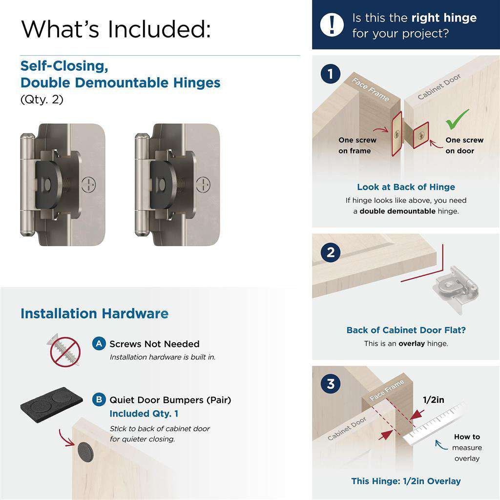 AMEROCK Double Demountable 1/2" Overlay Cabinet Hinge (pair) in Satin Nickel BPR8704G10 What's Included
