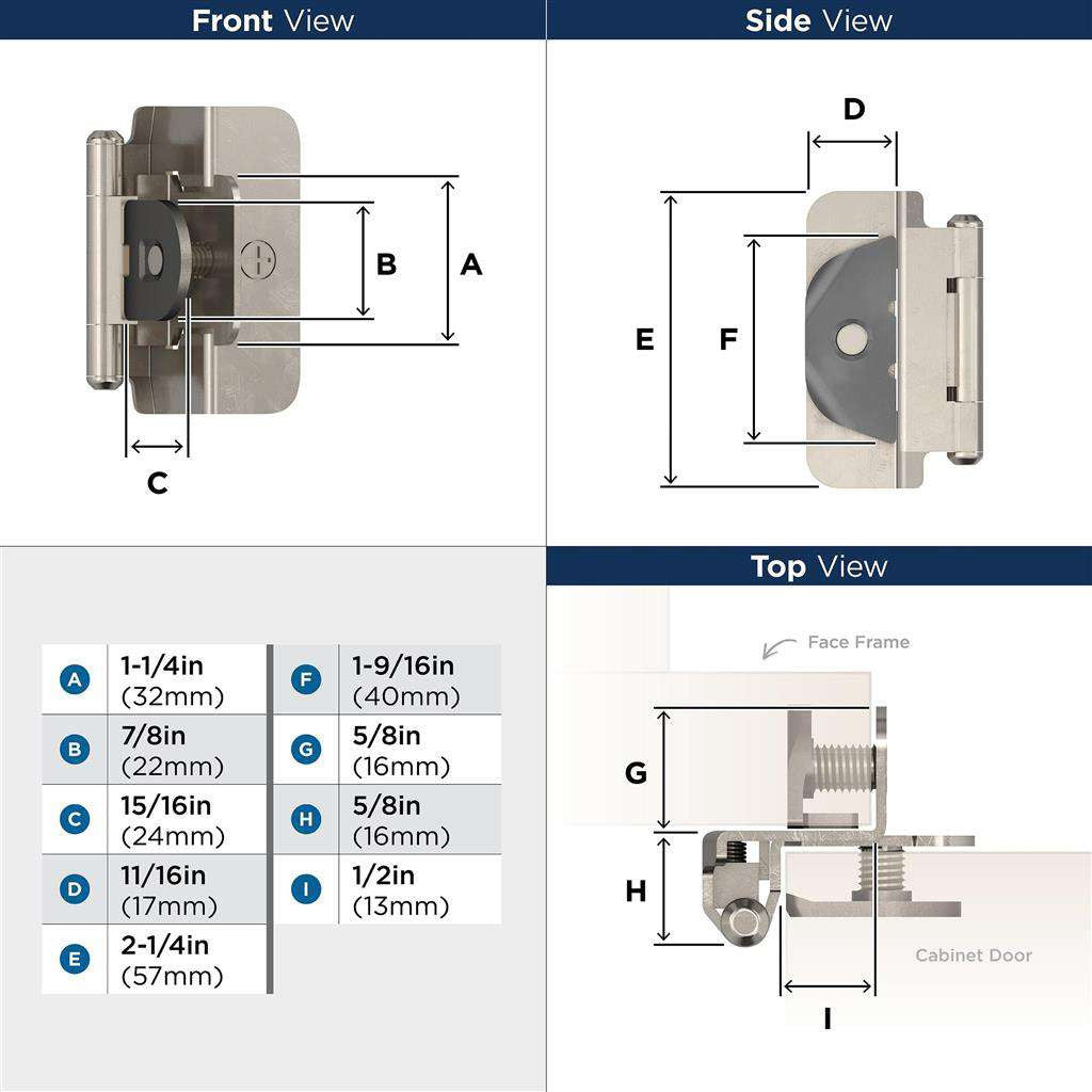AMEROCK Double Demountable 1/2" Overlay Cabinet Hinge (pair) in Sterling Nickel BPR8704G9 Specs