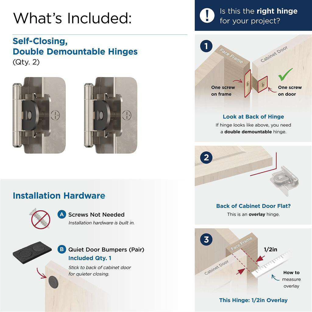 AMEROCK Double Demountable 1/2" Overlay Cabinet Hinge (pair) in Sterling Nickel BPR8704G9 What's Included