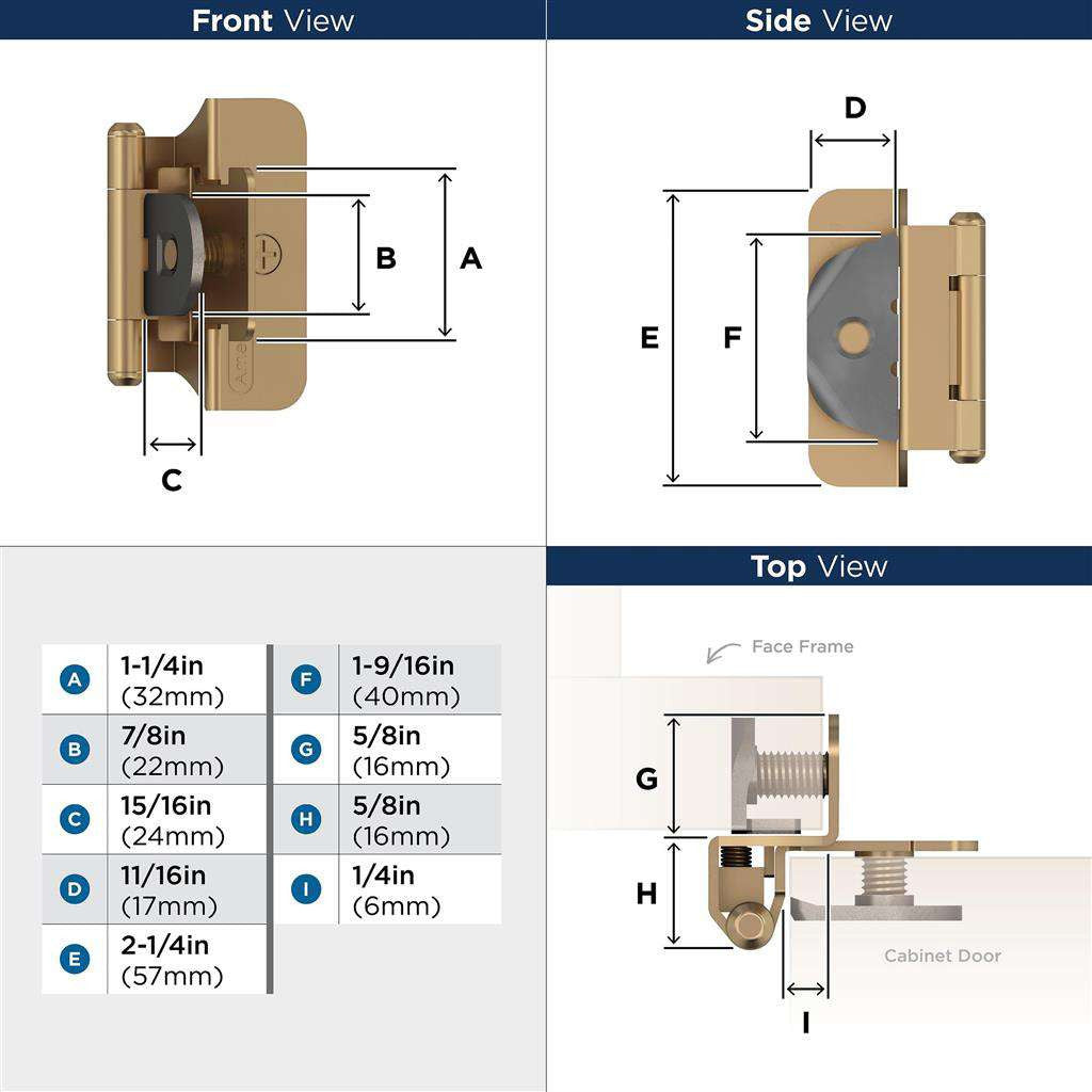 AMEROCK Double Demountable 1/4" Overlay Cabinet Hinge (pair) in Champagne Bronze BPR8701CZ Specs