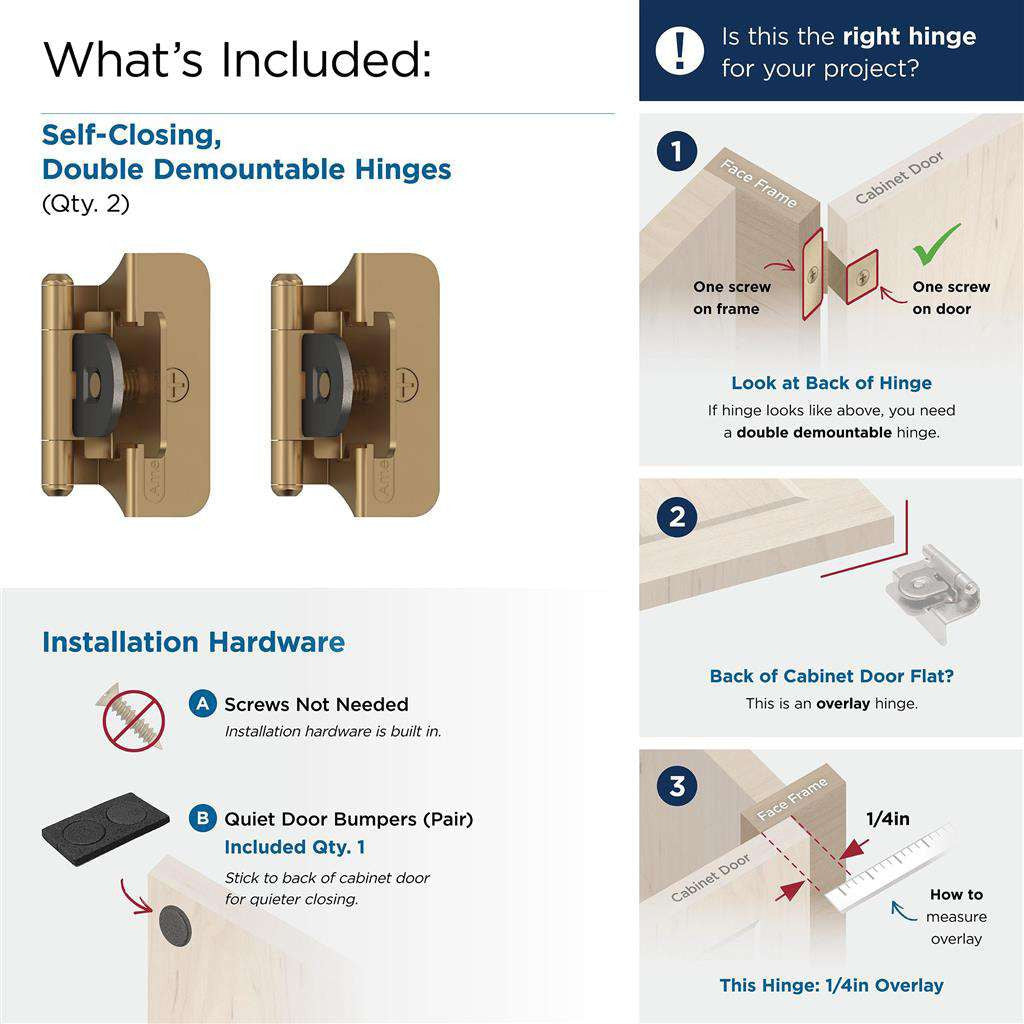 AMEROCK Double Demountable 1/4" Overlay Cabinet Hinge (pair) in Champagne Bronze BPR8701CZ What's Included