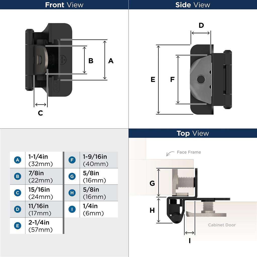 AMEROCK Double Demountable 1/4" Overlay Cabinet Hinge (pair) in Flat Black BPR8701FB Specs