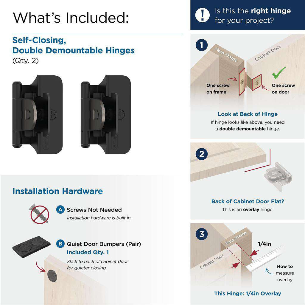 AMEROCK Double Demountable 1/4" Overlay Cabinet Hinge (pair) in Flat Black BPR8701FB What's Included